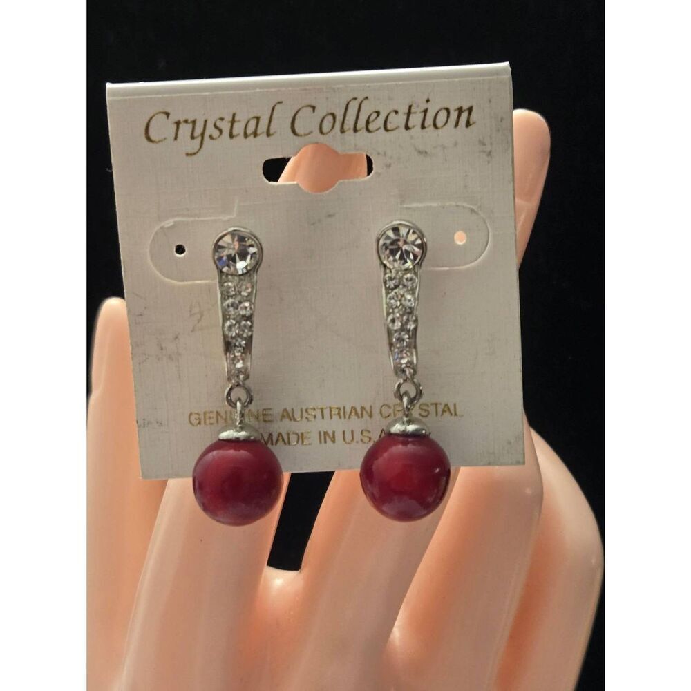 Women's White Austrian Crystal & Red Bead Earrings